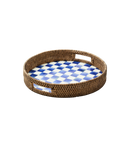 Royal Check Enamel & Rattan Round Serving Tray